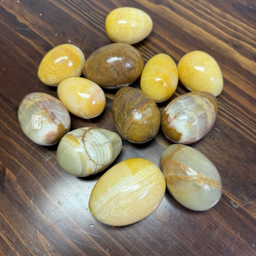 Lot of 12 Polished Alabaster/Onyx/Calcite Stone Eggs – Mixed Colors – Decorative